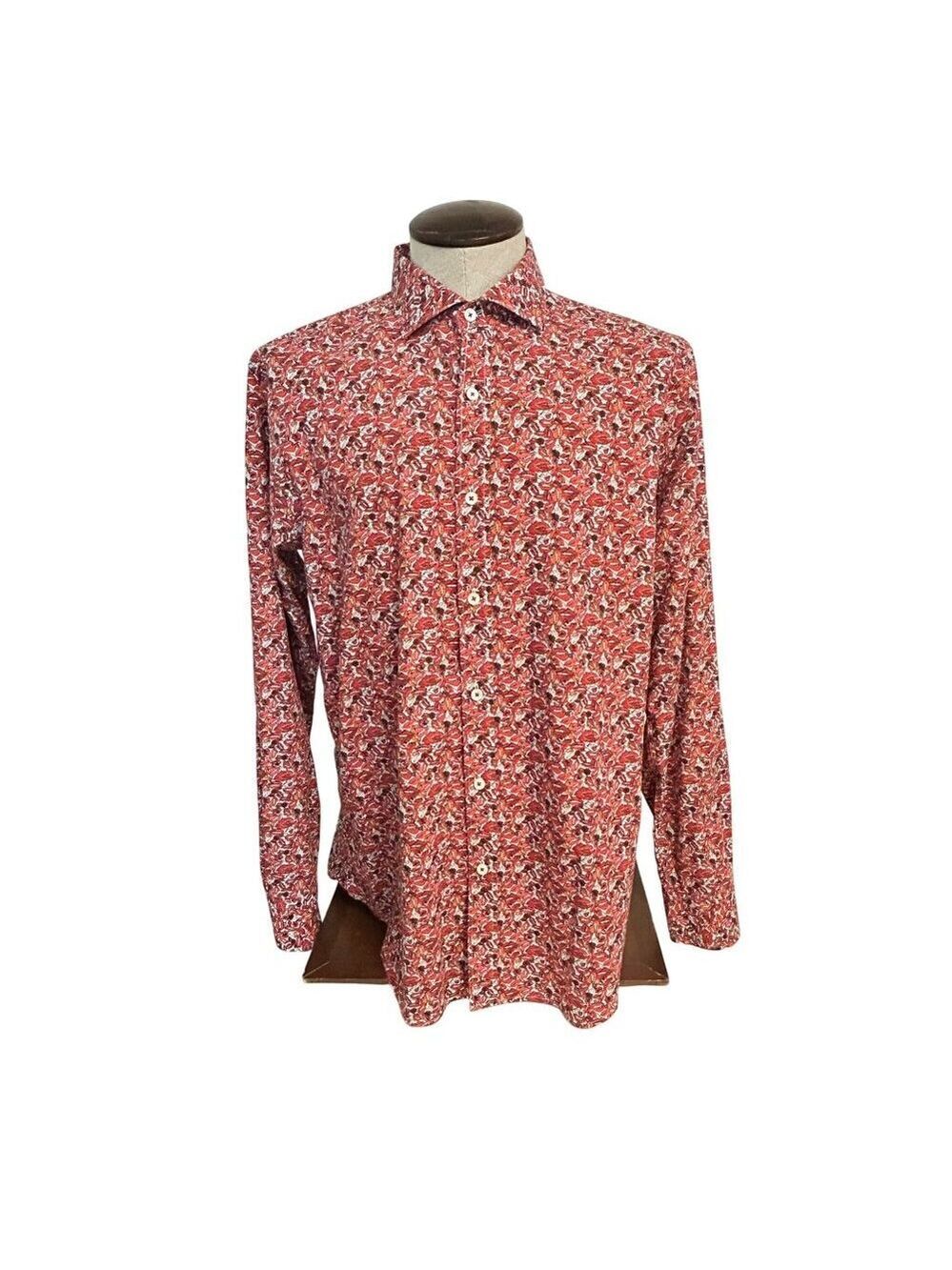 Men's BUGATCHI Red Orange Pink + Lips Shirt Shaped Fit Large